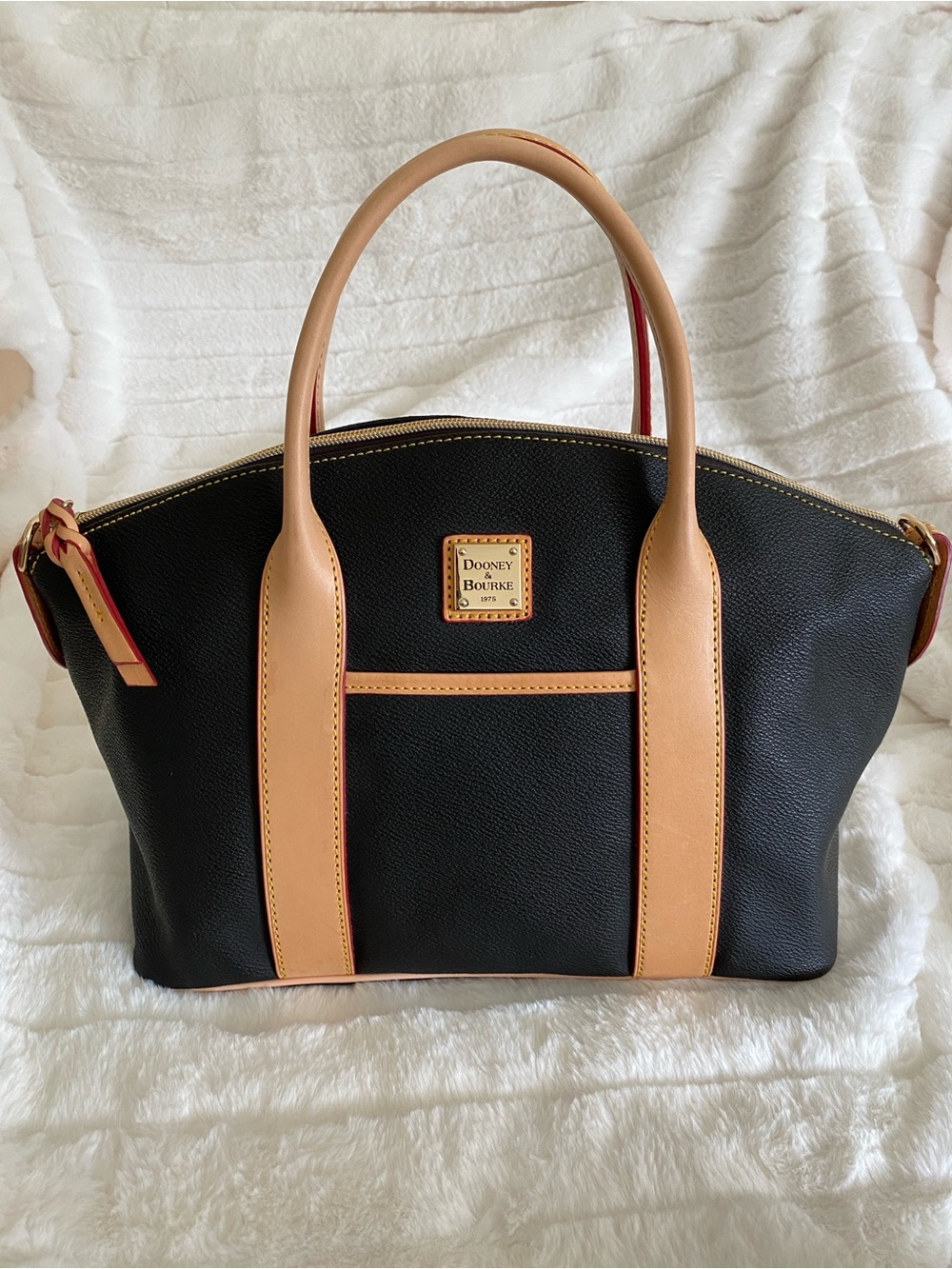 Dooney & Bourke Small Madeline Satchel in Black and Tan Leather w/ Strap